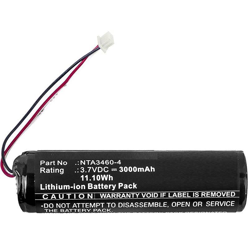 Pacco batteria agli ioni di litio nero con fili rossi e neri collegati e connettore bianco; l'etichetta mostra 3.7VDC 3000mAh e avvertenze.
