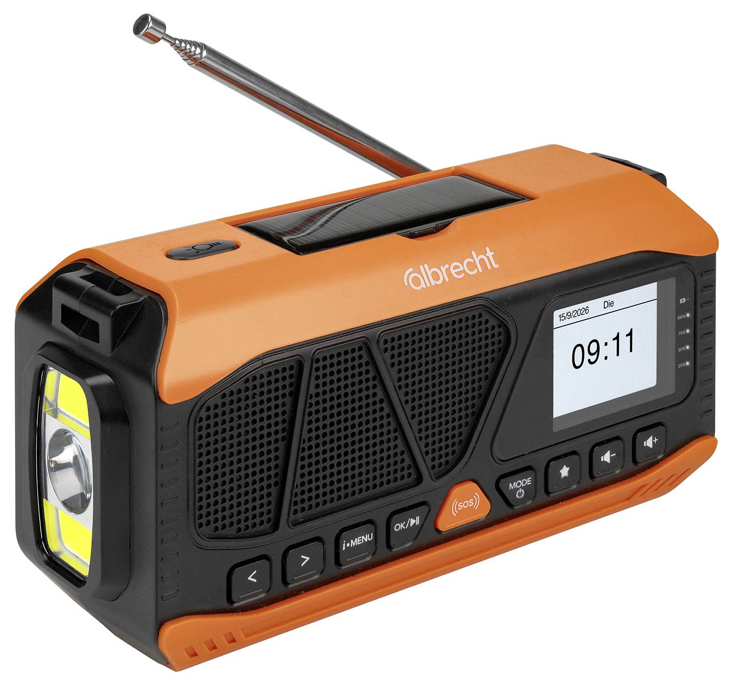 Radio portatile arancione e nera con antenna, torcia, griglia dell'altoparlante e display digitale che mostra 09:11.