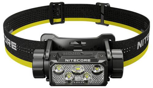 Lampada frontale Nitecore nera con cinghia elastica regolabile e cinque luci LED sulla parte anteriore.