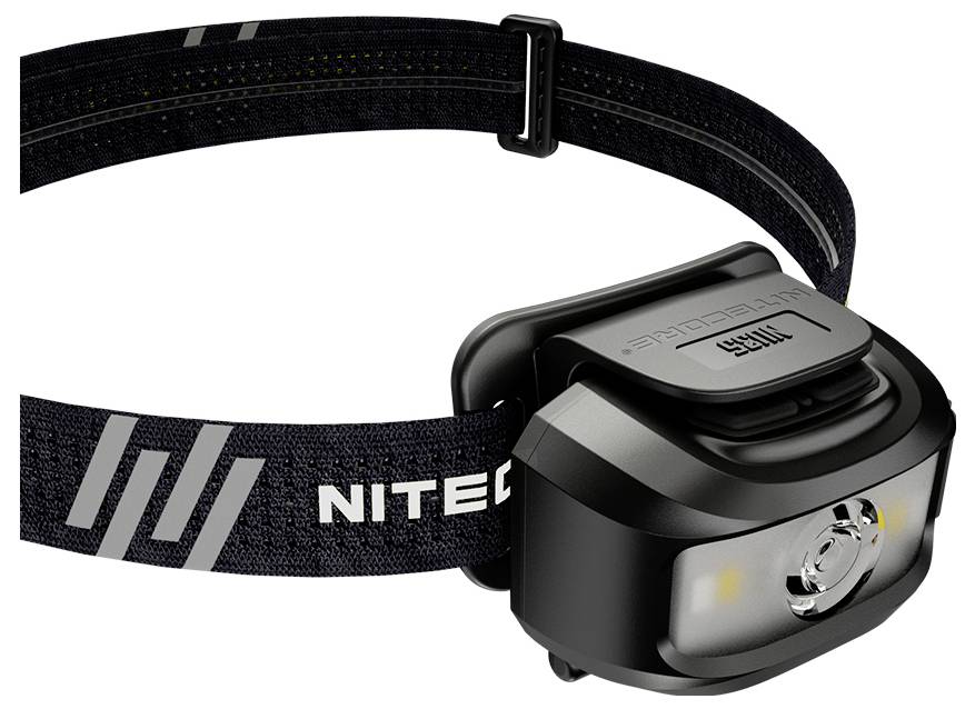 Lampada frontale Nitecore nera con cinghia elastico regolabile per la testa e luce LED anteriore su sfondo bianco.