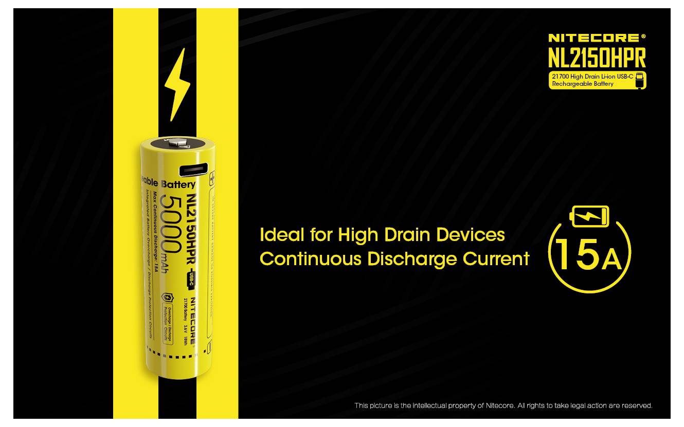 Batteria NITECORE NL2150HP 21700, cella Li-ion ricaricabile da 5000mAh con corrente di scarica continua di 15A, ideale per dispositivi ad alto consumo.