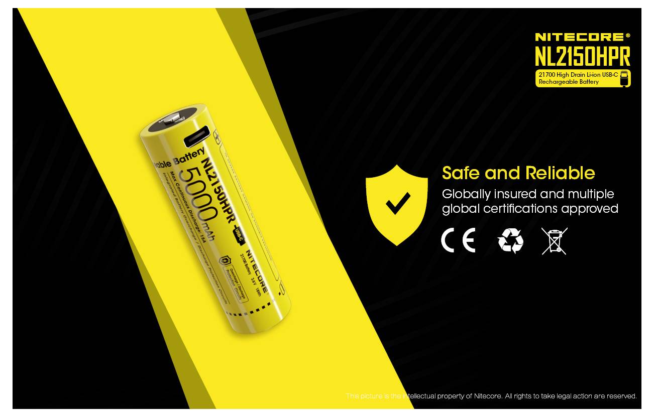 Grafica promozionale per la batteria ricaricabile Nitecore NL2150HPR, che mostra una cella al litio-ione 21700 di colore giallo e il testo "Sicura e Affidabile" con icone di certificazione.
