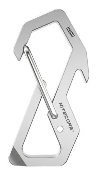 Moschettone in metallo argentato con cancelletto a molla, mostrato su sfondo bianco, etichettato 'NITFIDE' e 'NISHIO'.