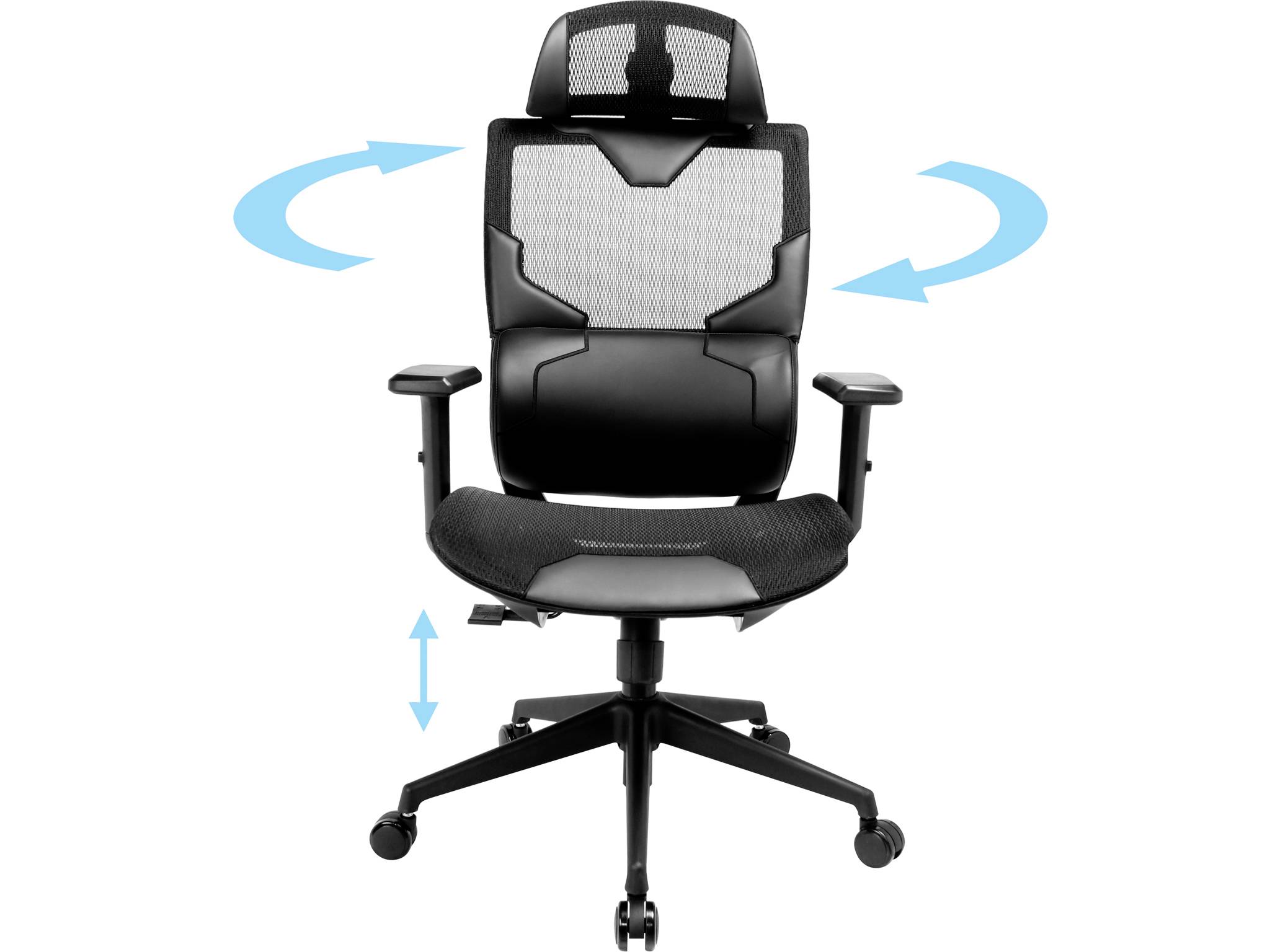 Sedia da ufficio nera con schienale e seduta in rete mostrata frontalmente, con frecce che indicano la rotazione e l'regolazione dell'altezza.