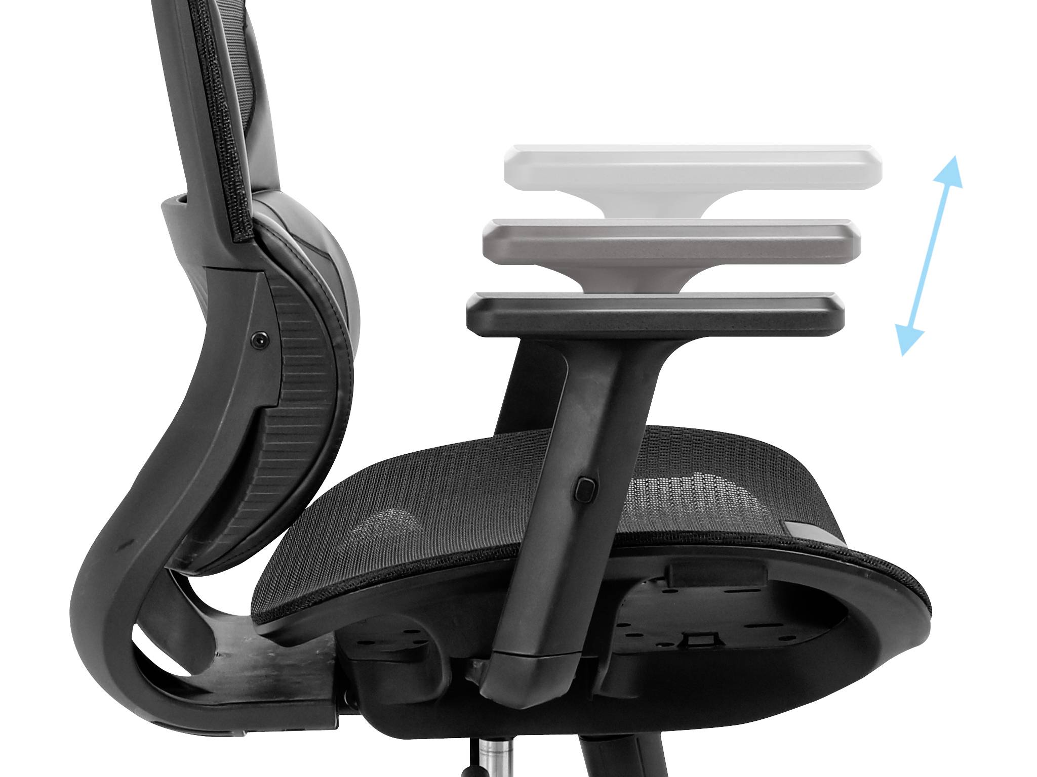 Sedia da ufficio ergonomica mostrata in vista laterale con altezza del bracciolo regolabile, indicata da una freccia verso l'alto e verso il basso.