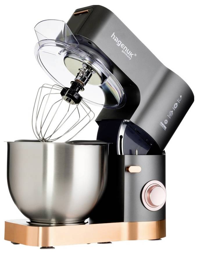 Miscelatore Black Hagnix con paraschizzi trasparente, frusta e ciotola in acciaio inossidabile su base in rame su sfondo bianco.