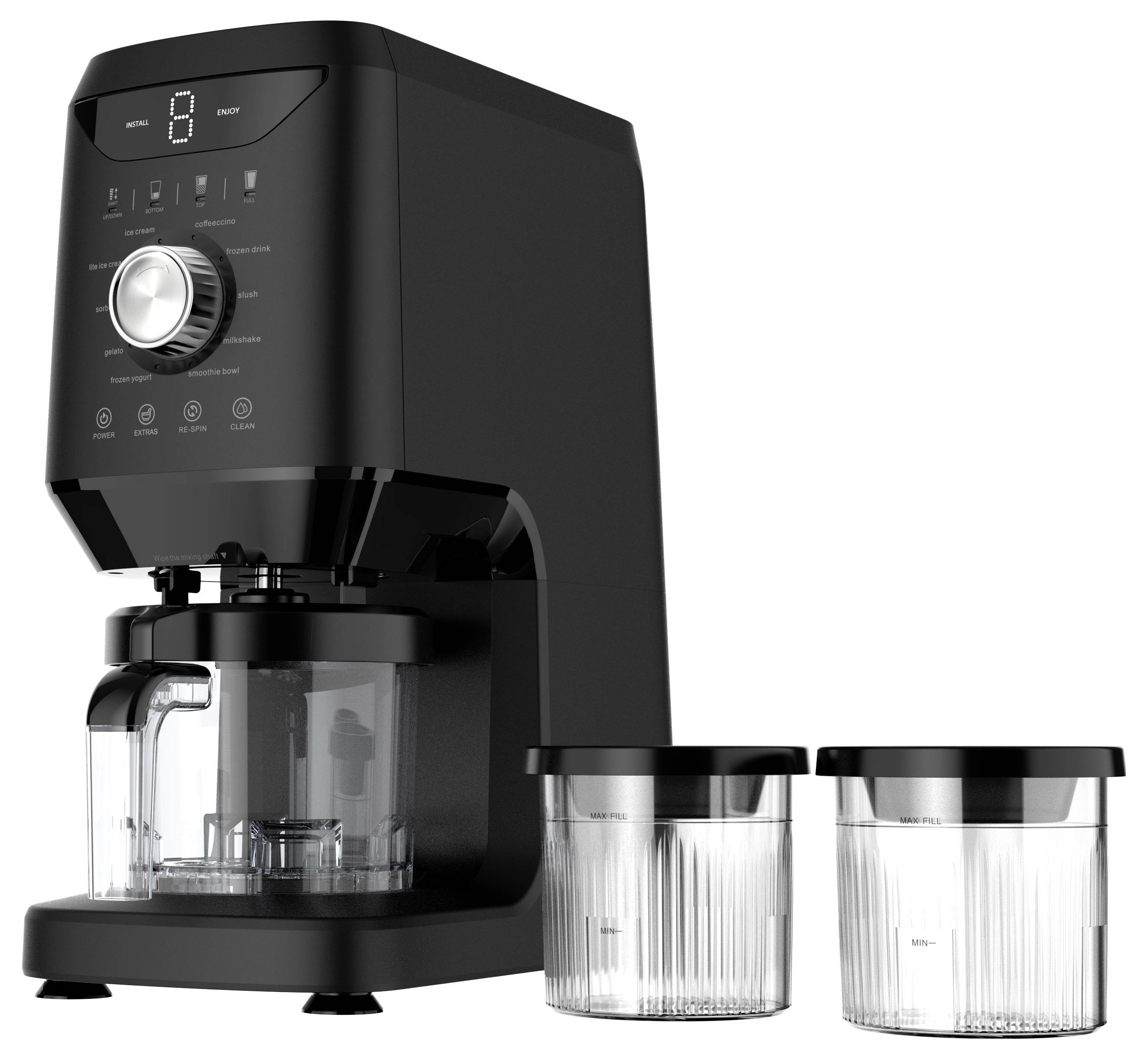 Macchina per il caffè nera con comandi digitali e caraffa in vetro, mostrata accanto a due tazze di misurazione trasparenti.