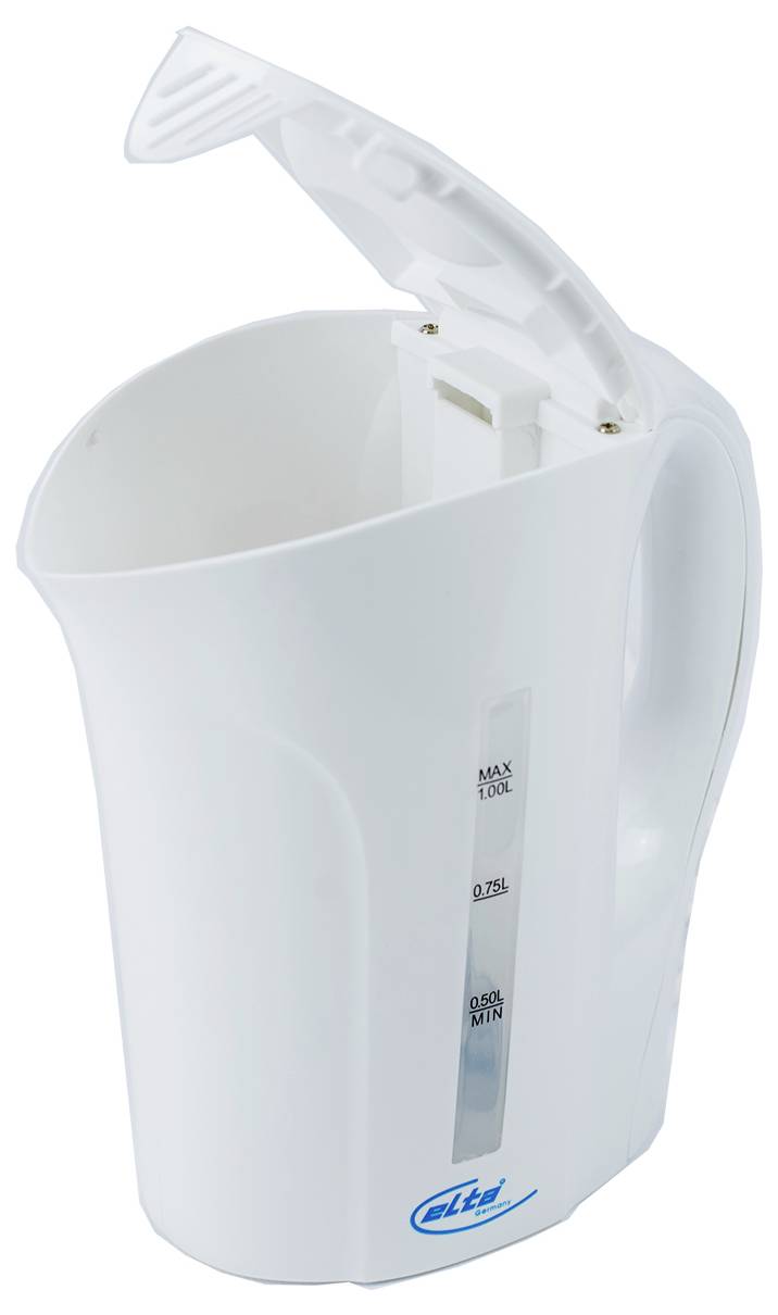 Bollitore elettrico bianco con coperchio a ribalta, finestra per il livello dell'acqua e logo blu, mostrato su uno sfondo neutro.