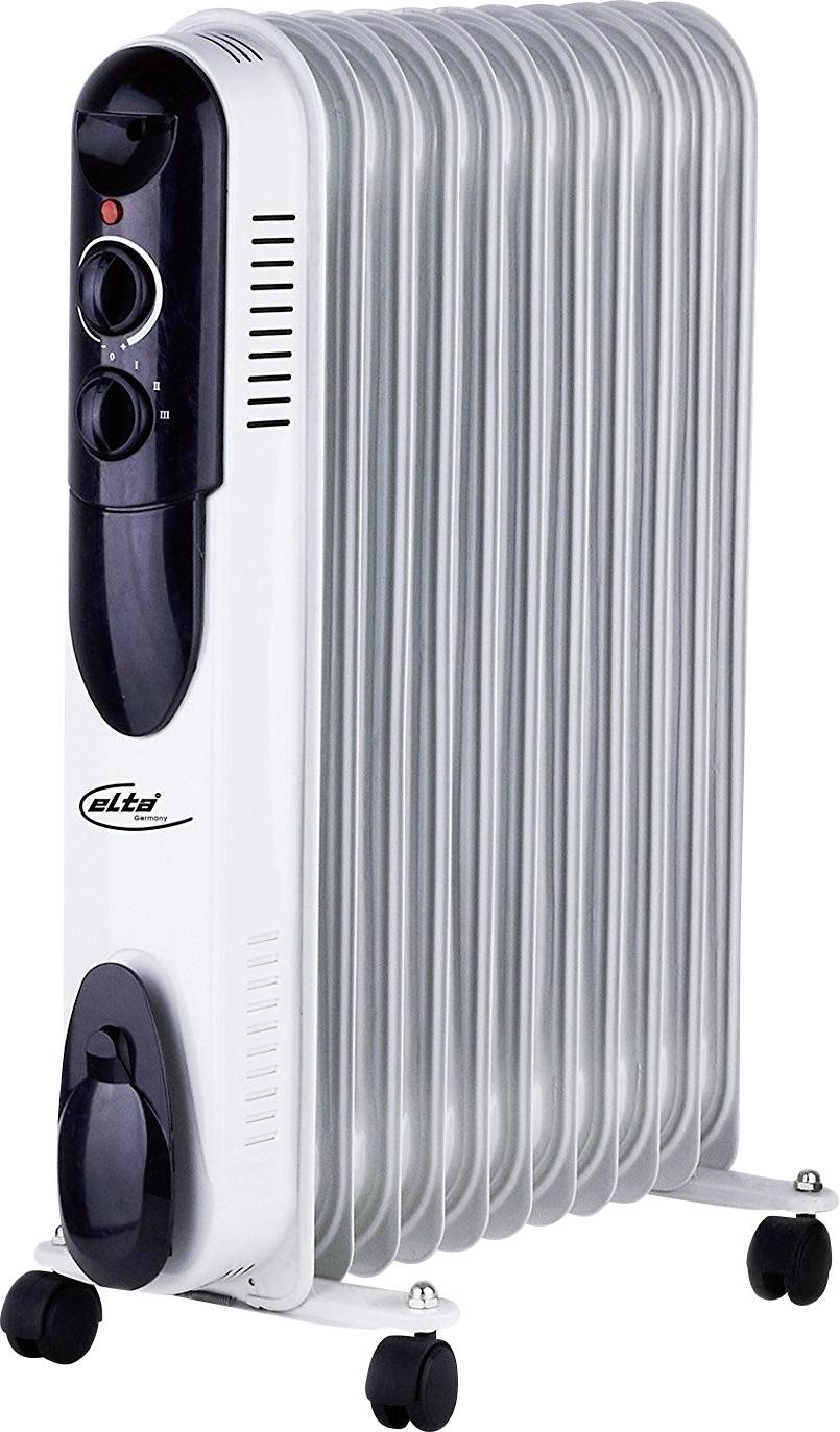 Radiatore riscaldatore portatile con olio, con ruote, bianco e argento, mostrato su uno sfondo neutro.