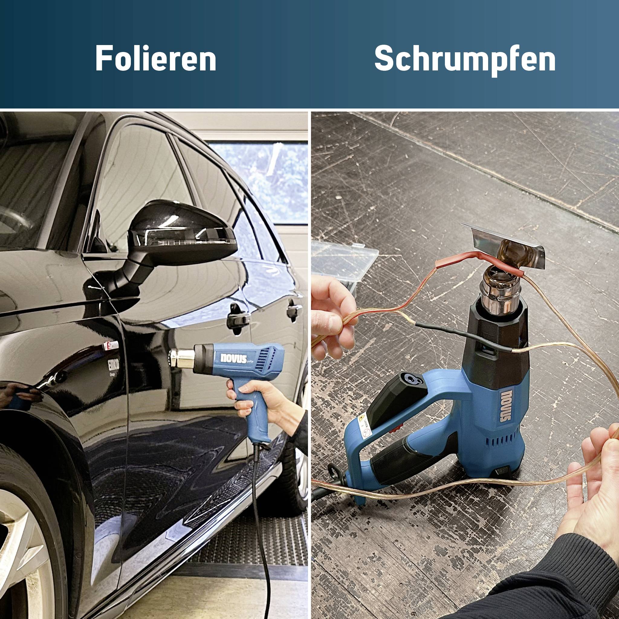 Immagine divisa che mostra l'avvolgimento di un'auto con un pistola termica etichettata 'Folieren' e il restringimento del materiale con una pistola termica etichettato 'Schrumpfen'.