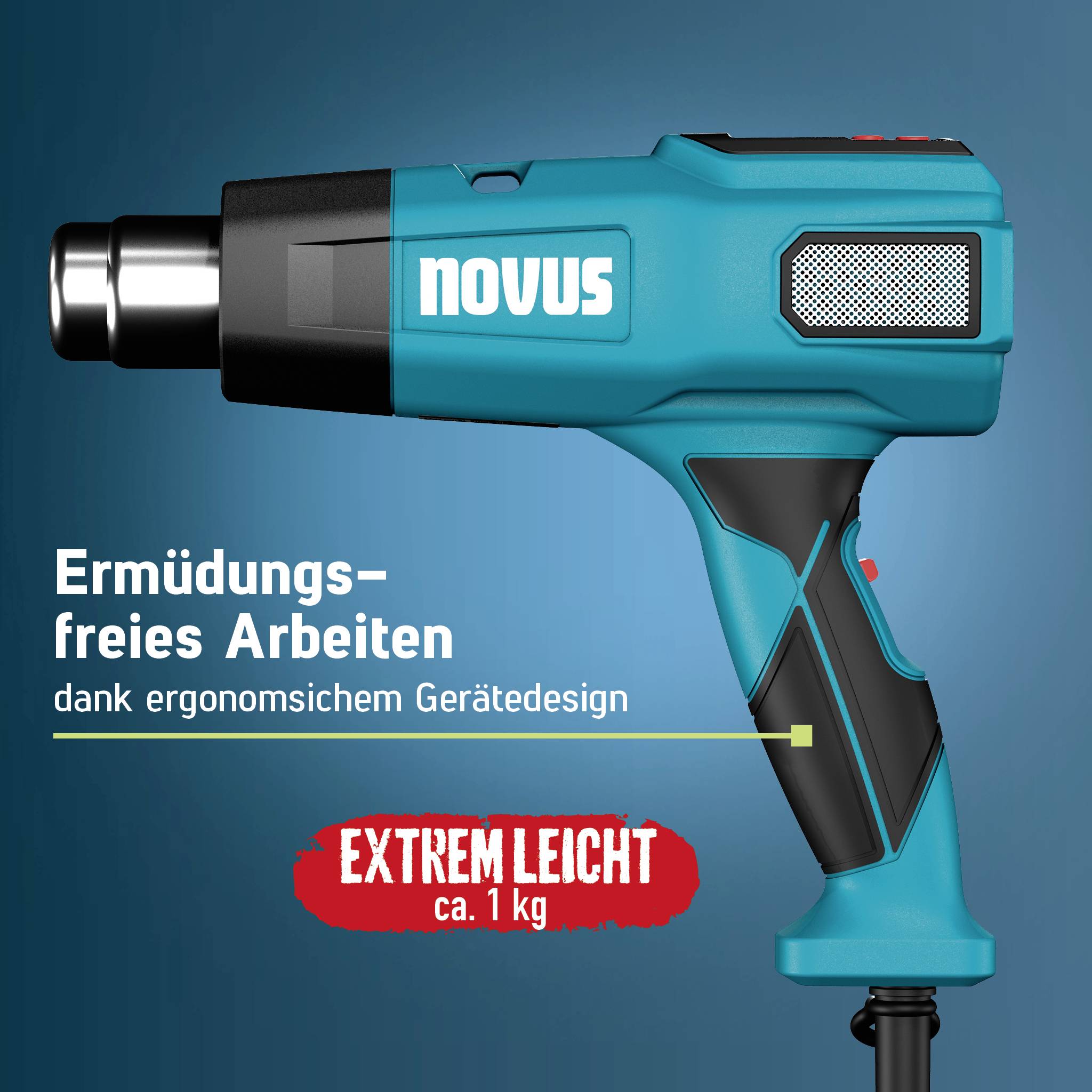 Immagine promozionale di un utensile elettrico cordless Novus su sfondo blu, con testo tedesco che pubblicizza il lavoro senza affaticamento, il design ergonomico e "estremamente leggero, circa 1 kg".