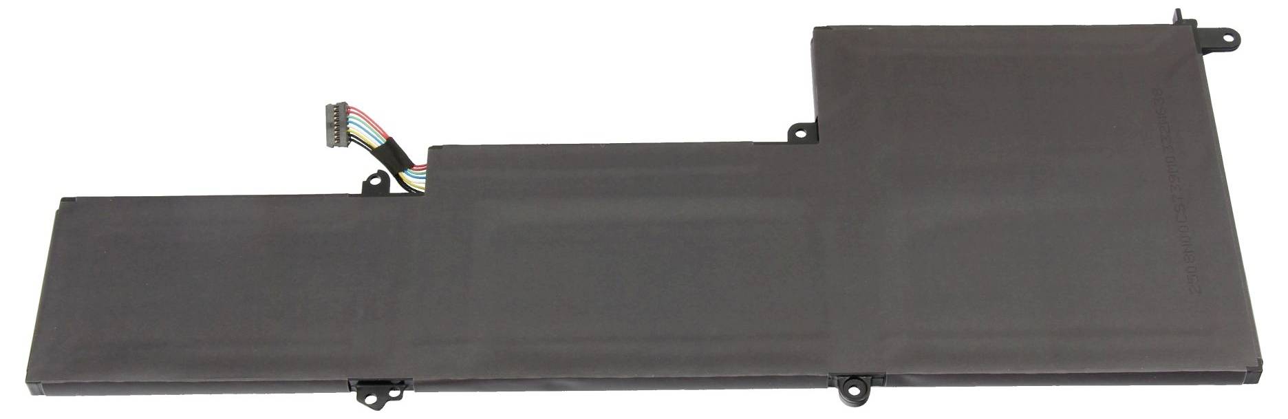 Pacco batteria per laptop nero con connettore multi-filo collegato, mostrato isolato su sfondo bianco.