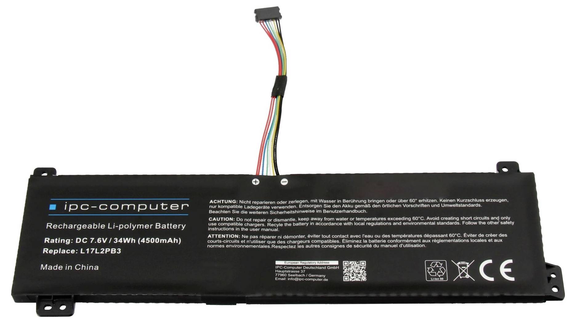 Pacco batteria al polimero di litio ricaricabile per computer IPC nero con connettore multicolore e specifiche stampate sull'etichetta.
