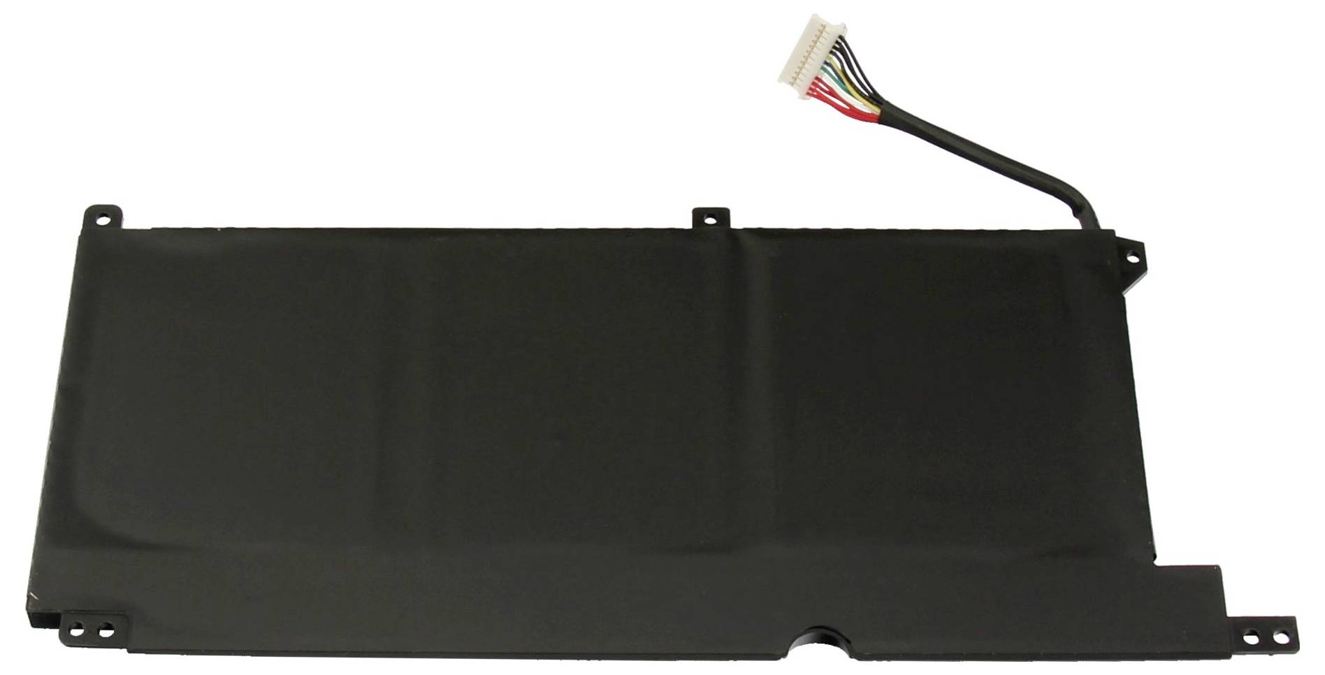 Pacco batteria per laptop rettangolare nero con cavo connettore multi-filo collegato su sfondo bianco
