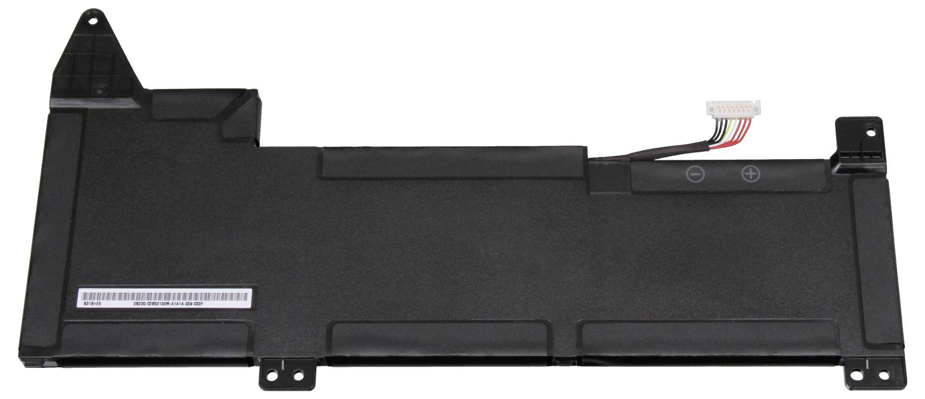 Pacco batteria per laptop nero con cavo connettore e linguette di montaggio su sfondo bianco.