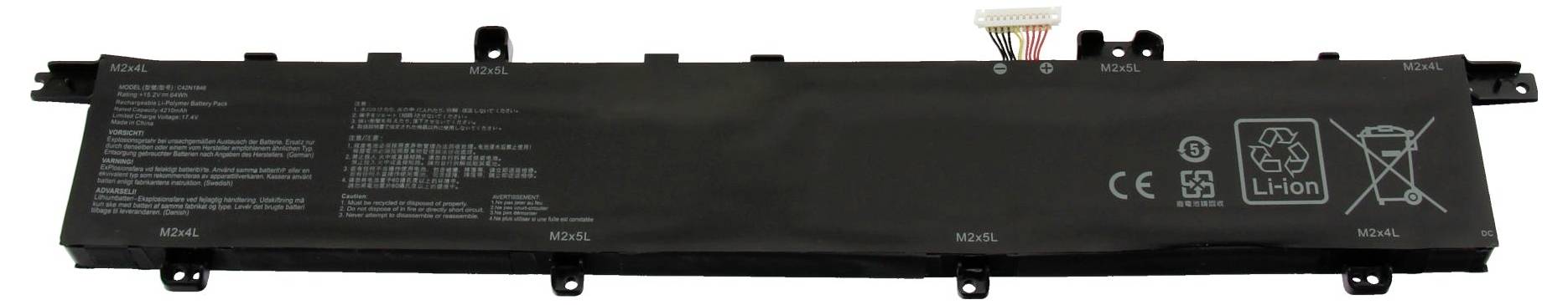 Pacco batteria al litio per laptop nero e lungo con linguette di connessione e simboli di riciclaggio su sfondo bianco
