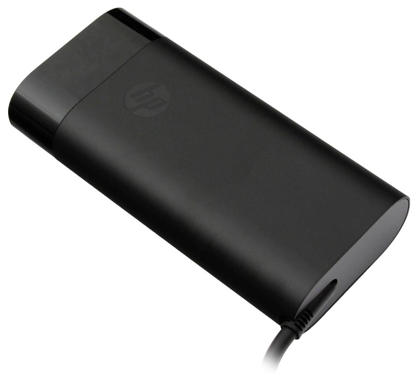 Powerbank portatile HP nero/caricabatterie con cavo integrato su sfondo bianco.