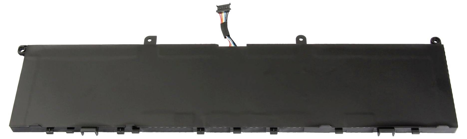 Componente elettronico rettangolare nero o pacco batterie con linguette di montaggio e connettore a filo, mostrato su sfondo bianco.