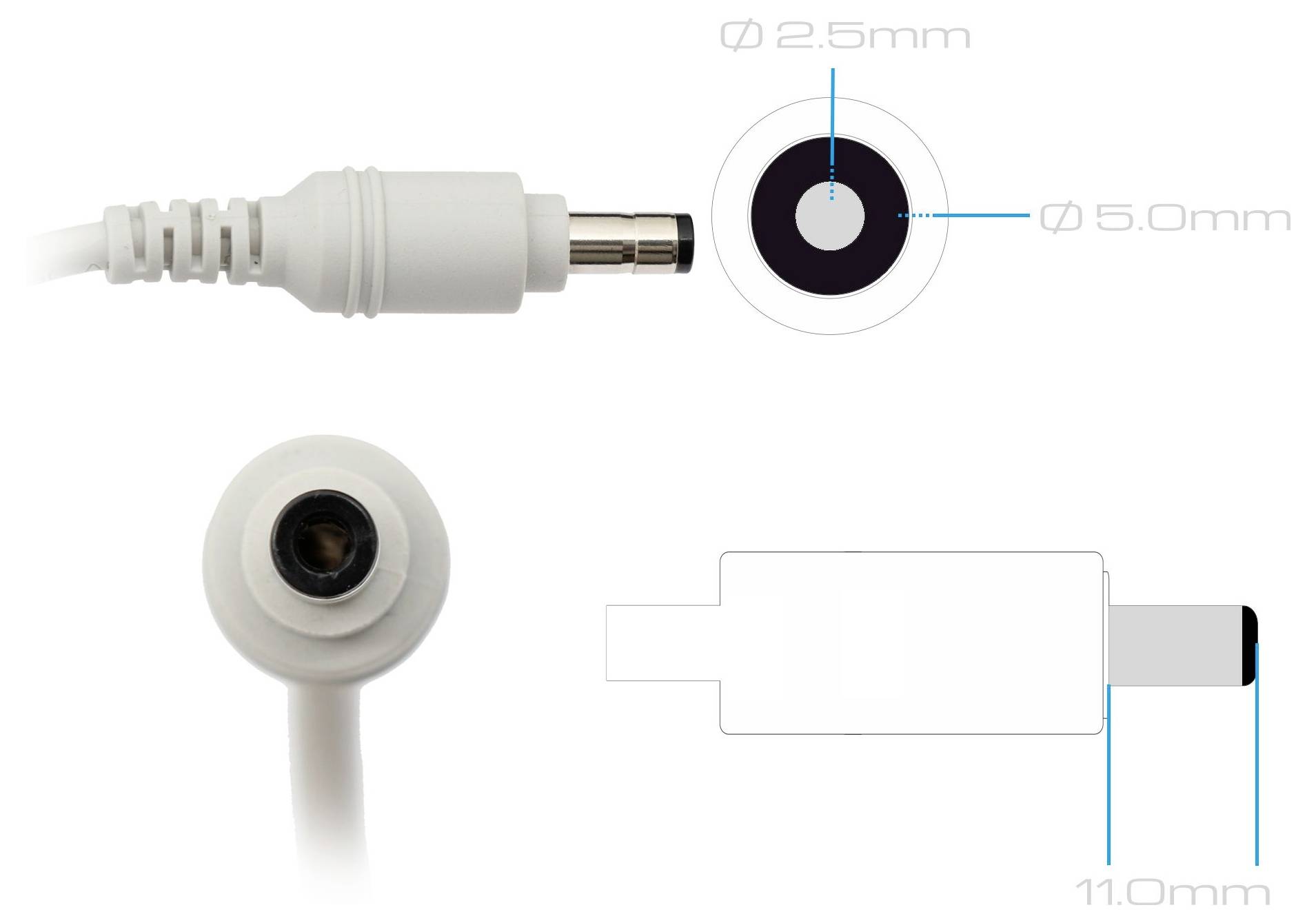 Diagramma tecnico di un connettore a spina cilindrica con viste frontale e laterale con dimensioni: diametro interno 2,5 mm, diametro esterno 5,0 mm e lunghezza 11,0 mm.