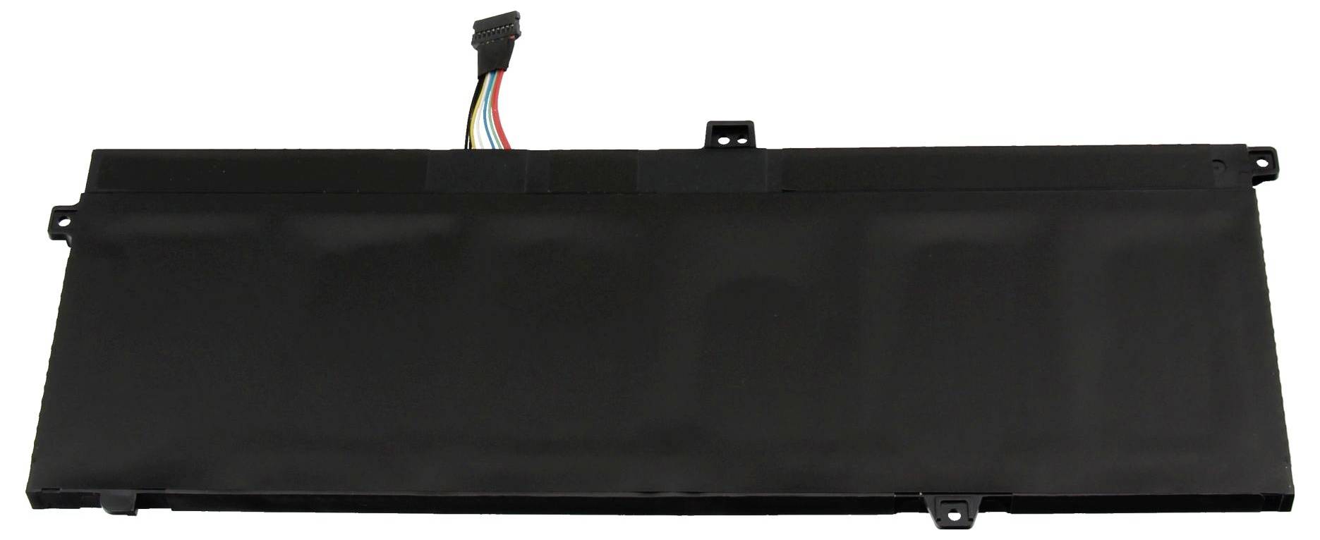 Pacco batteria per laptop rettangolare nero con cavi connettori collegati su sfondo bianco