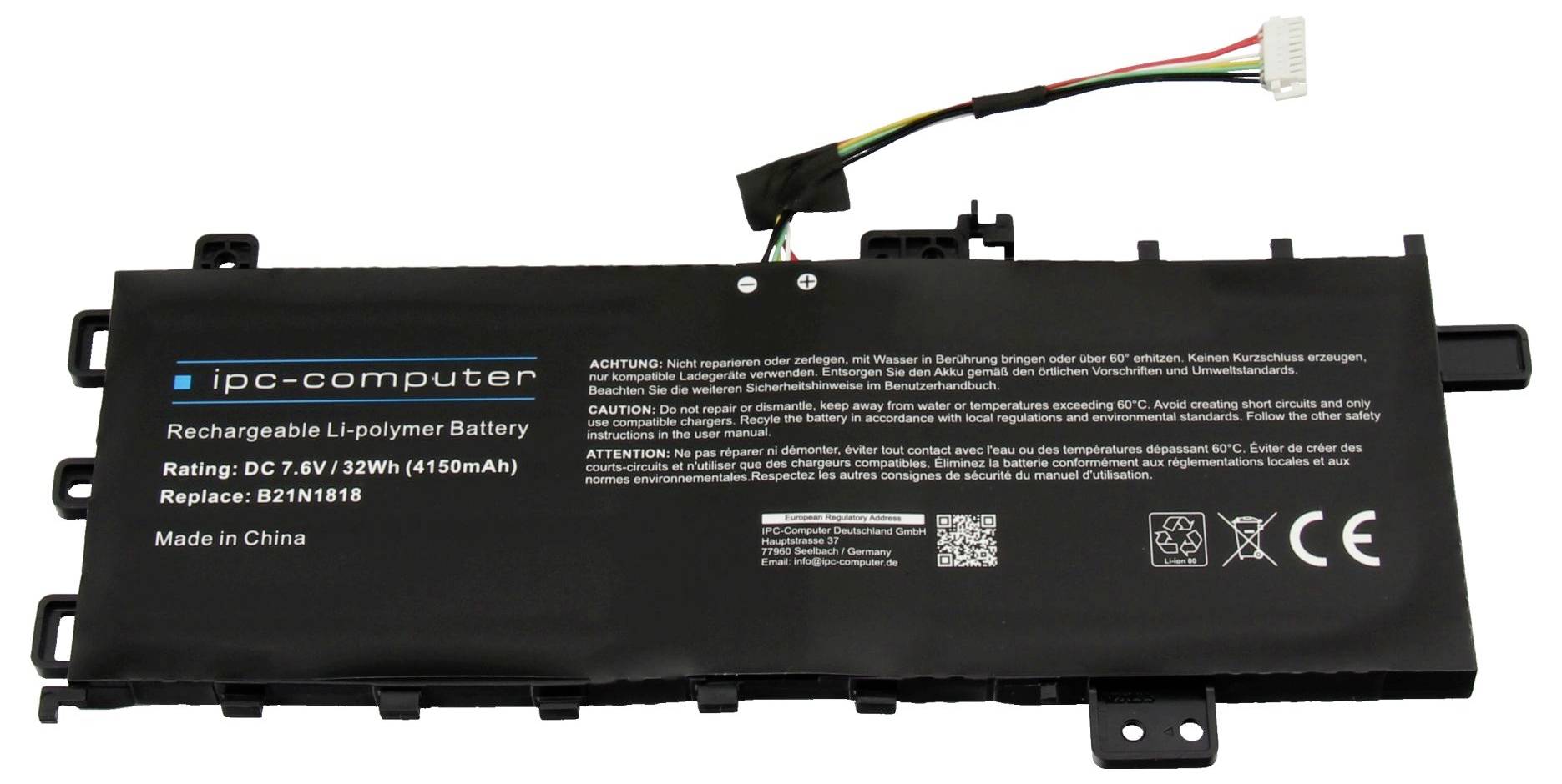 Pacco batteria Li-polimero ricaricabile nero con cavo connettore, etichettato 'ipc-computer' e 7.4V 32Wh 4150mAh.