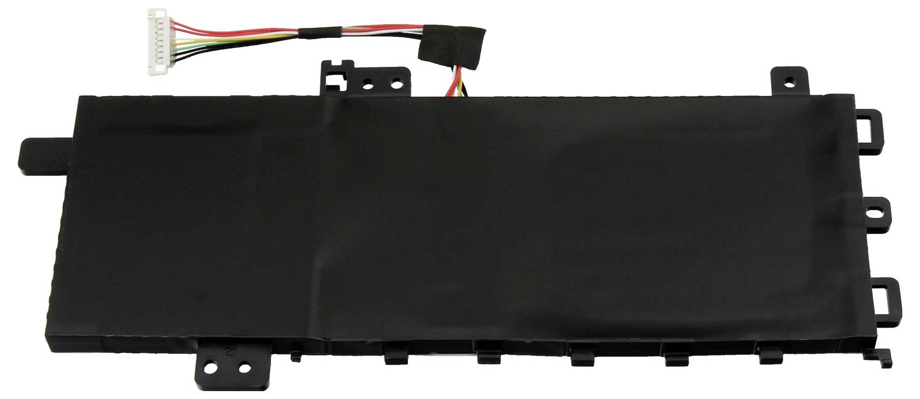 Componente elettronico rettangolare nero con linguette di montaggio e connettore a cavo bianco in alto, mostrato su uno sfondo bianco.