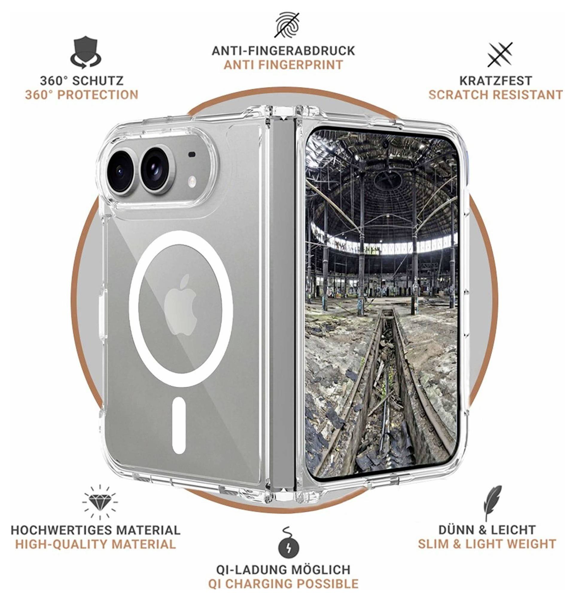 Custodia per smartphone pieghevole trasparente, che evidenzia protezione a 360°, anti-impronte, resistenza ai graffi, ricarica Qi e design sottile e leggero.