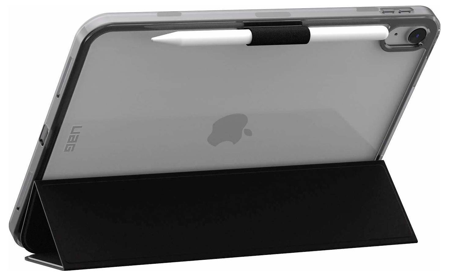 Tavoletta grigia in un supporto folio nero con uno stilo bianco allegato lungo il bordo superiore.