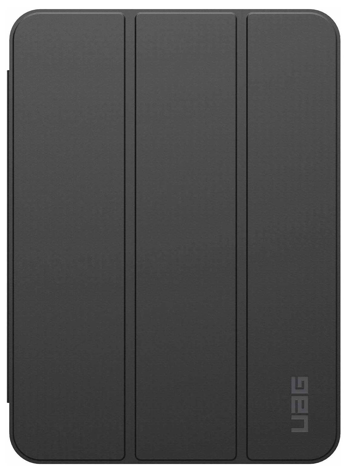 Custodia folio protettiva UAG nera per tablet con tre pannelli verticali e angoli arrotondati su sfondo bianco.