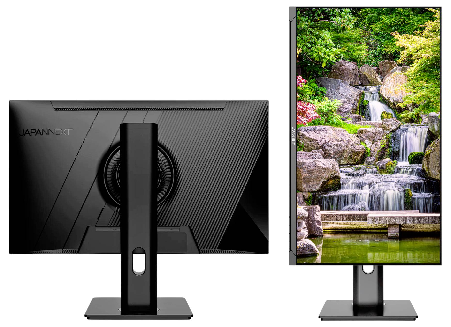 Due viste affiancate di un monitor: vista posteriore con supporto e vista frontale che mostra un'immagine di un giardino con cascata, evidenziando il display e il suo supporto regolabile.