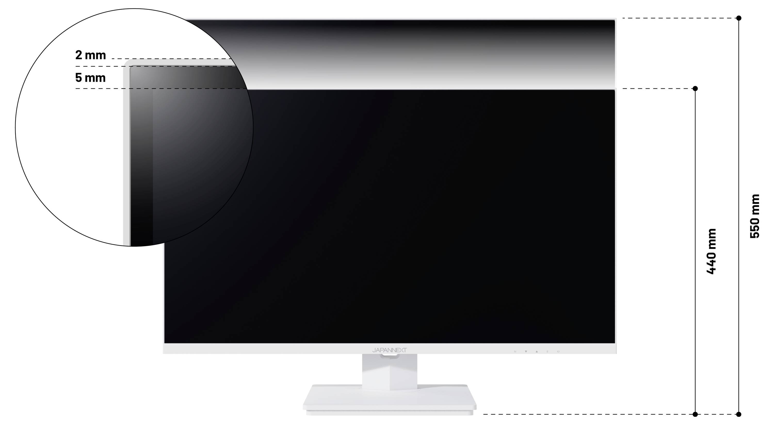 Vista frontale di un monitor a schermo piatto con misurazioni indicate: 550 mm di altezza totale, 440 mm di altezza dello schermo, e etichette dello spessore del bordo in primo piano di 2 mm e 5 mm.