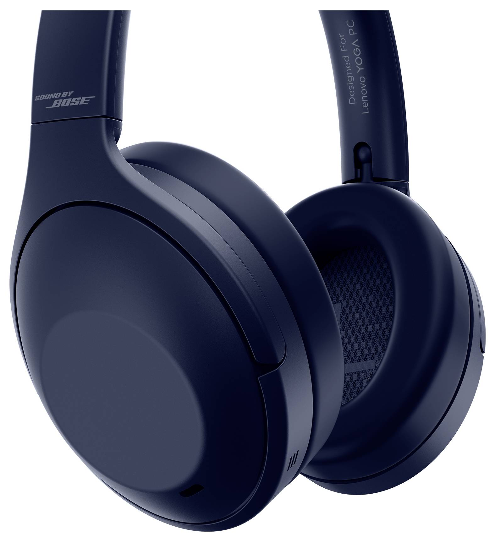 Cuffie wireless over-ear blu scuro, mostrate in primo piano su sfondo bianco, con marchio 'Sound by Bose' e marchio Lenovo sulla fascia per la testa.