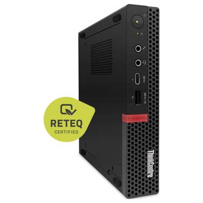 Torre desktop mini Lenovo ThinkCentre nera, vista angolata che mostra le porte anteriori, il pulsante di accensione e la griglia di ventilazione, con sovrapposizione del badge certificato REQ.