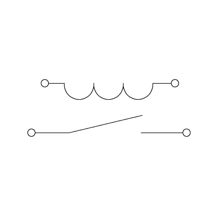 Diagramma di due stati di interruttore elettrico: in alto è mostrato un contatto multi-posizione chiuso, in basso è mostrato un contatto aperto con un braccio mobile inclinato tra i terminali.