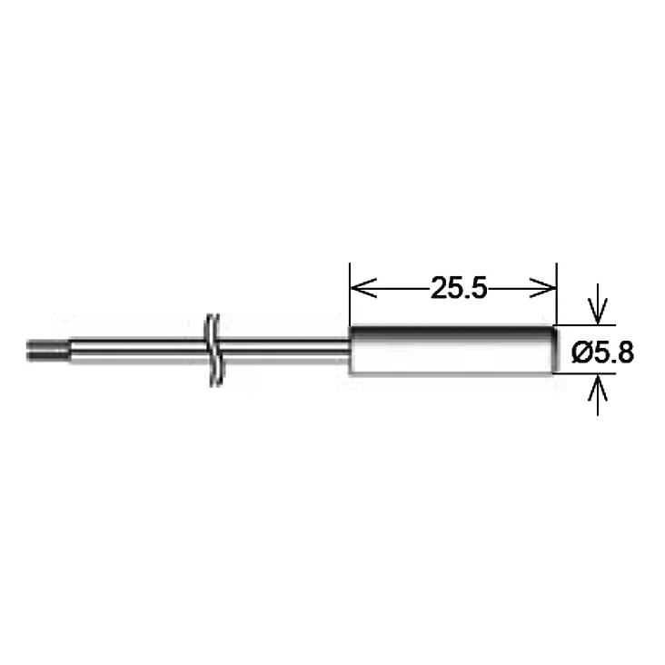 Disegno tecnico di una sonda cilindrica con due conduttori; lunghezza del corpo 25,5 e diametro Ø5,8.