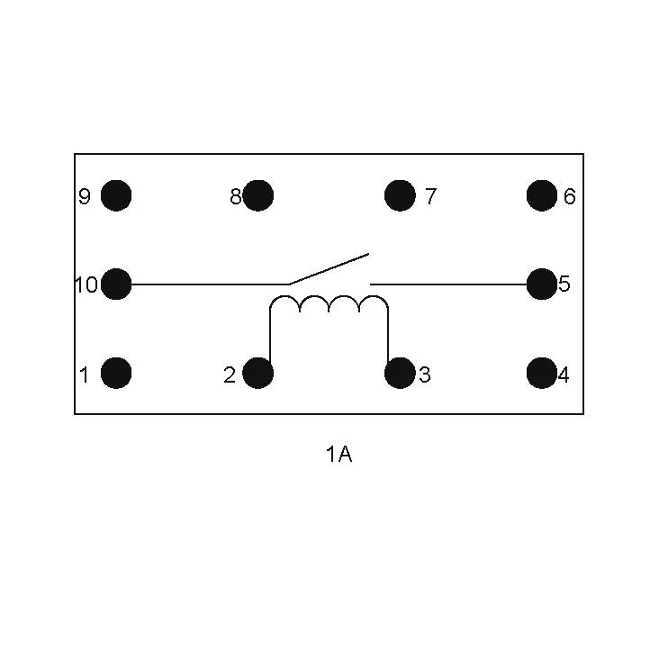 Schema di collegamento di una presa relè a 10 pin etichettata 1A, che mostra i terminali numerati e una bobina tra i pin 2 e 3 con un contatto di commutazione tra il 10 e il 5.