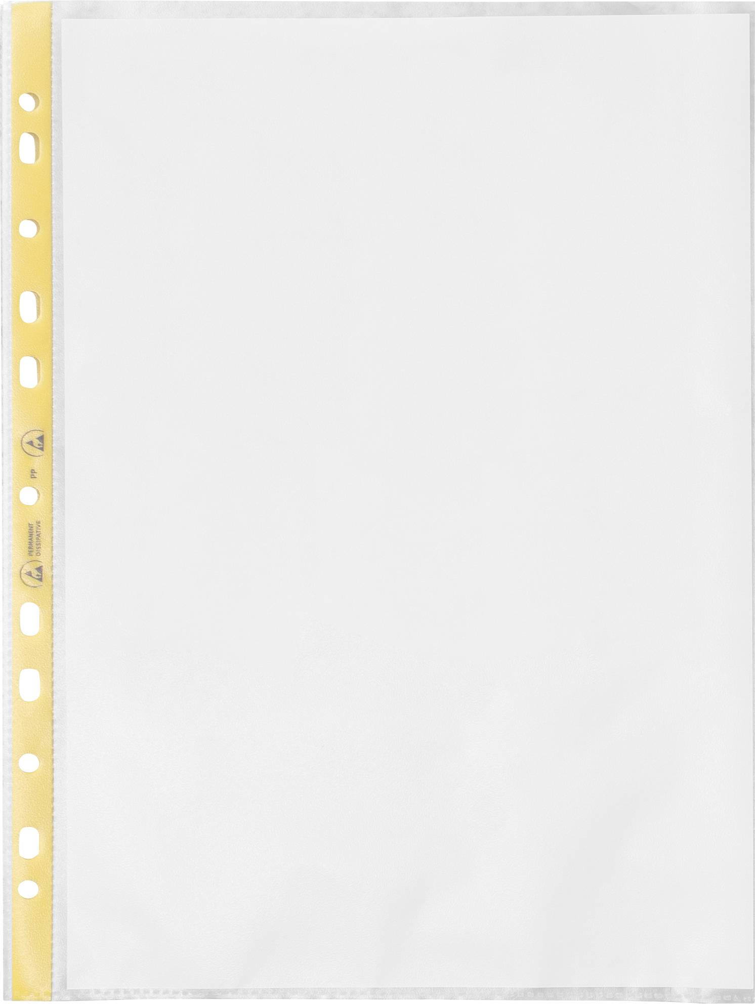 Documento bianco vuoto in una custodia di plastica trasparente con una striscia di legatura perforata gialla sulla sinistra.