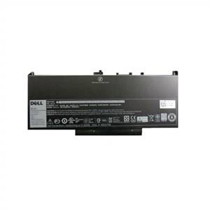 Batteria per laptop Dell mostrata su uno sfondo bianco, con etichetta visibile e connettori sul bordo superiore.