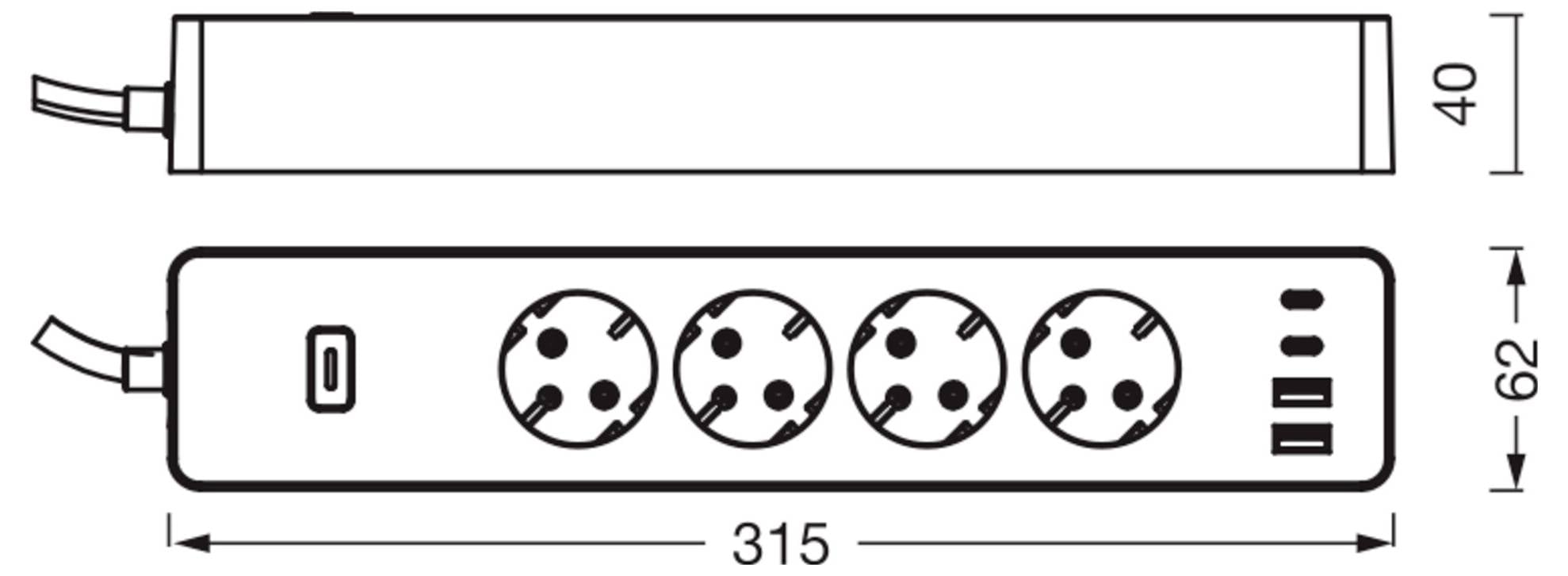 Disegno tecnico di una ciabatta elettrica a quattro prese con interruttore e spina, mostrato nelle viste dall'alto e laterale con dimensioni di 315 mm di lunghezza e 62 mm di altezza.