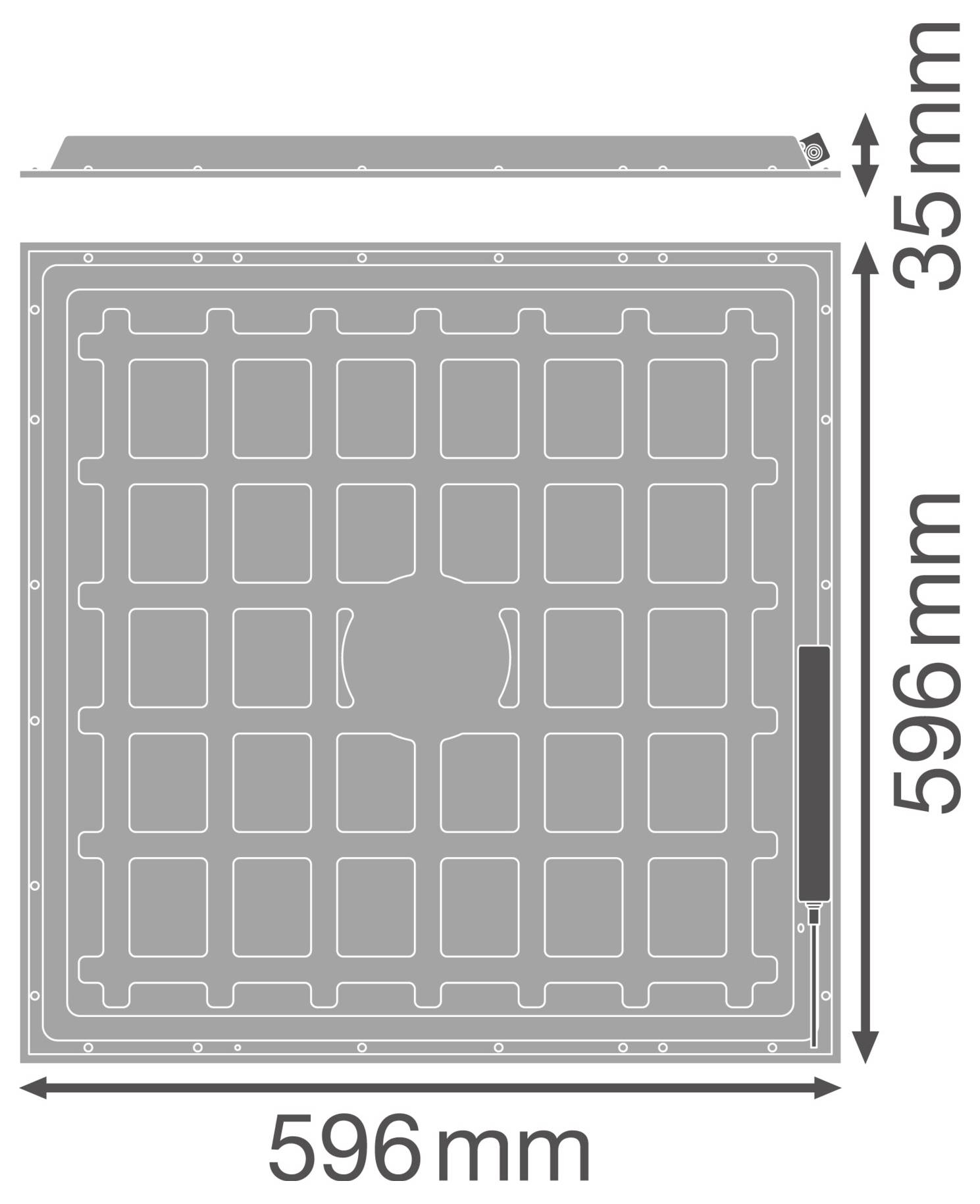 Disegno tecnico di un pannello quadrato o coperchio che misura 596 mm di larghezza e 596 mm di altezza, con uno spessore di 35 mm indicato in alto.