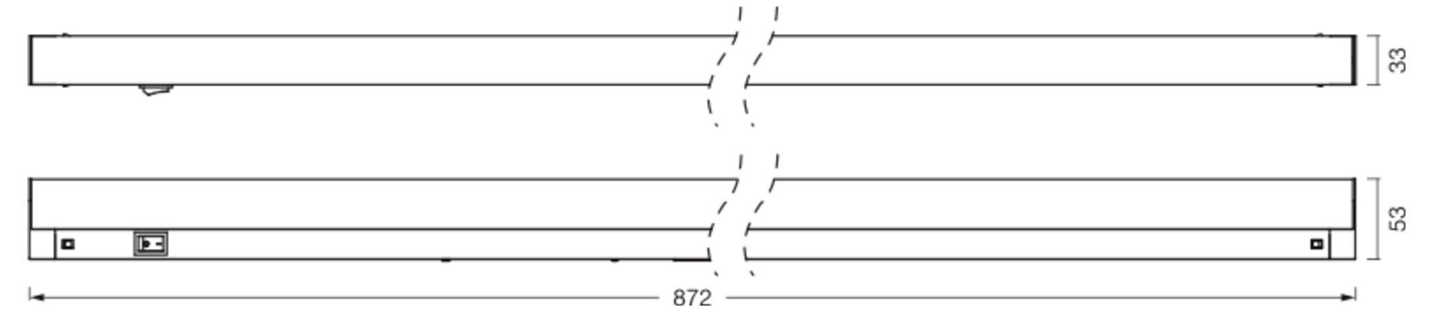 Disegno tecnico di una barra rettangolare lunga mostrato in due viste spezzate, con dimensioni etichettate 872, 53 e 33.
