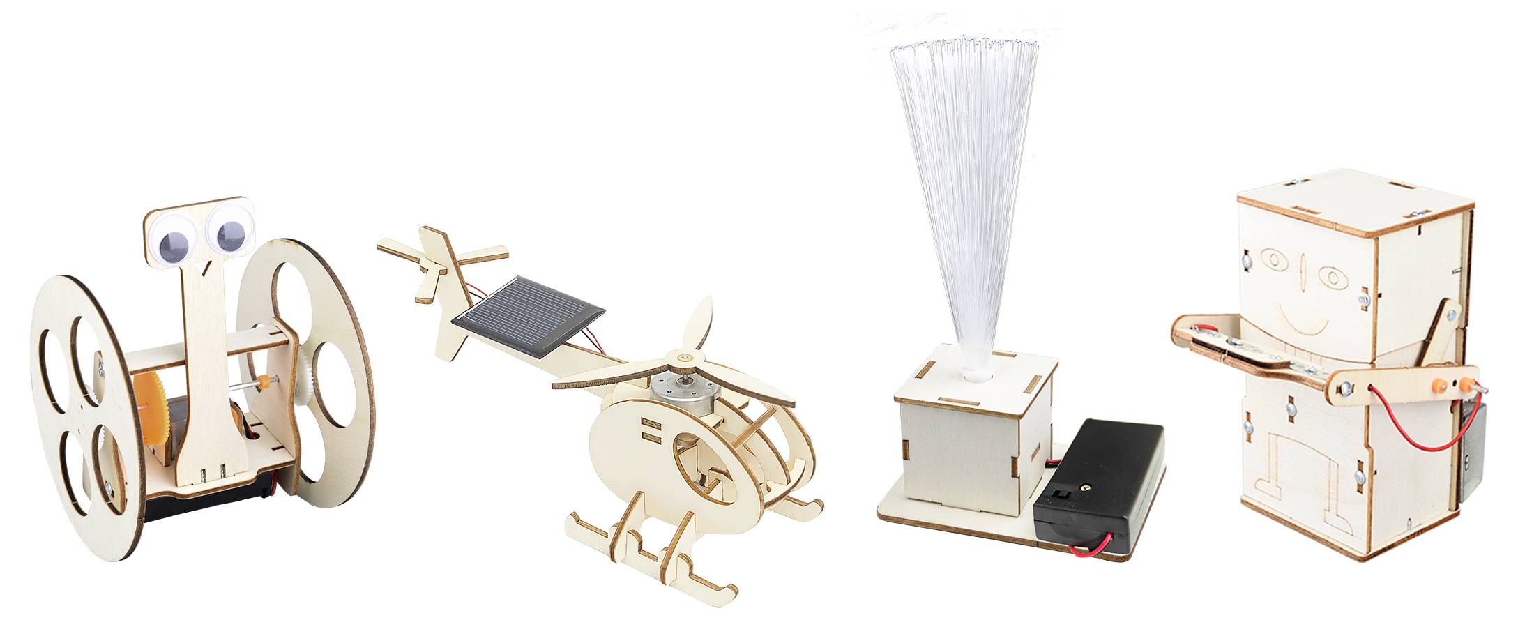Quattro piccoli kit STEM in legno su sfondo bianco: un robot con ruote, un elicottero solare, un spinner alimentato da ventola e un dispositivo a cubi impilati con fili.