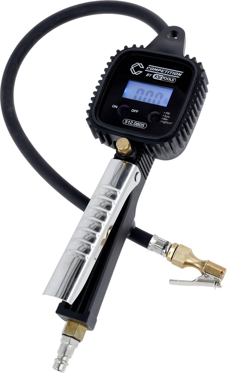 Manometro digitale per gonfiaggio pneumatici con tubo, display LCD della pressione, e raccordo in ottone per aria collegato a uno strumento pneumatico portatile su sfondo bianco.
