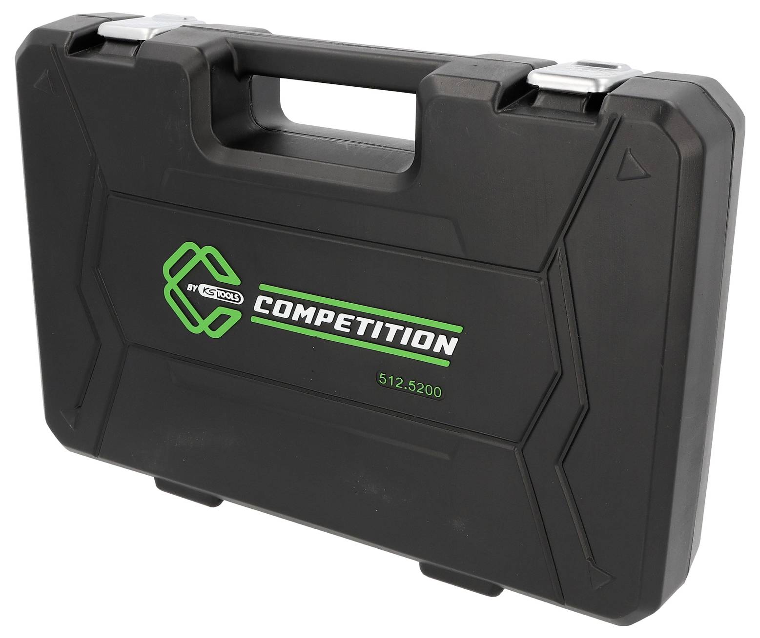 Custodia rigida nera con maniglia e marchio verde 'COMPETITION'.