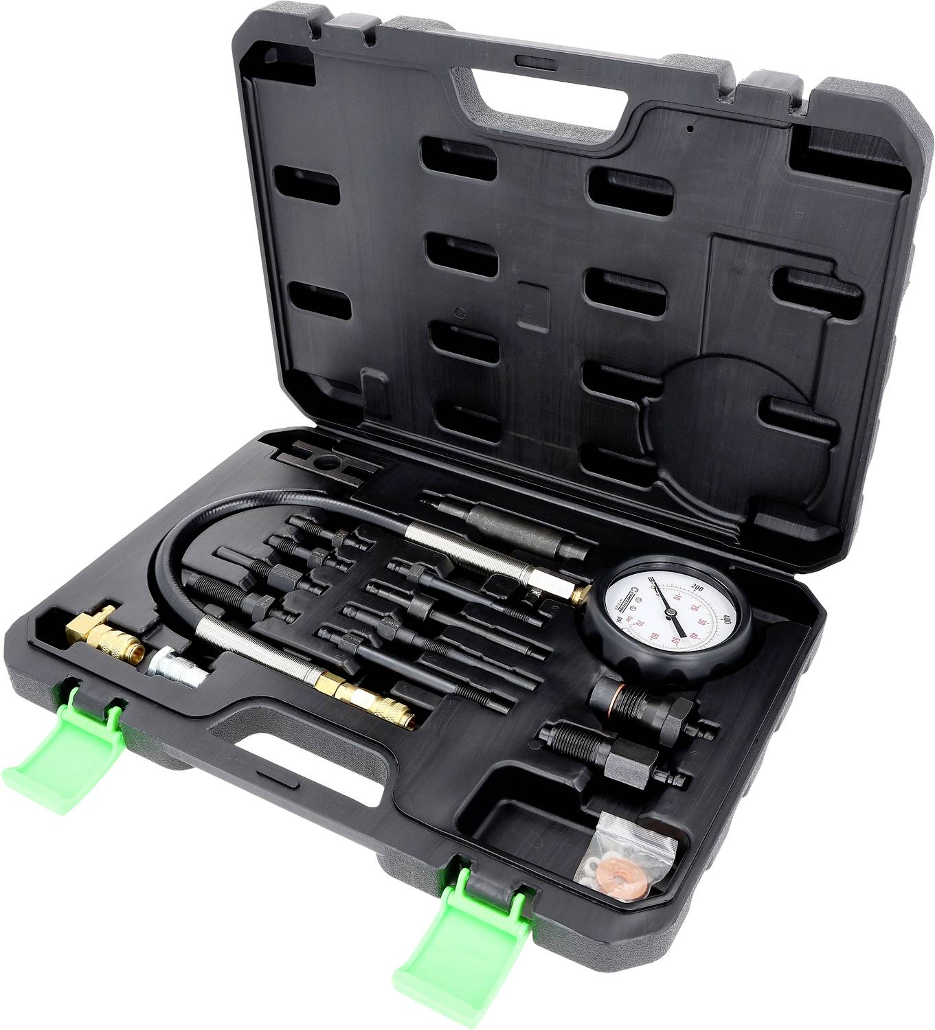 Aprire il caso rigido contenente un kit per test di compressione con manometro, tubo, adattatori e accessori su uno sfondo bianco.
