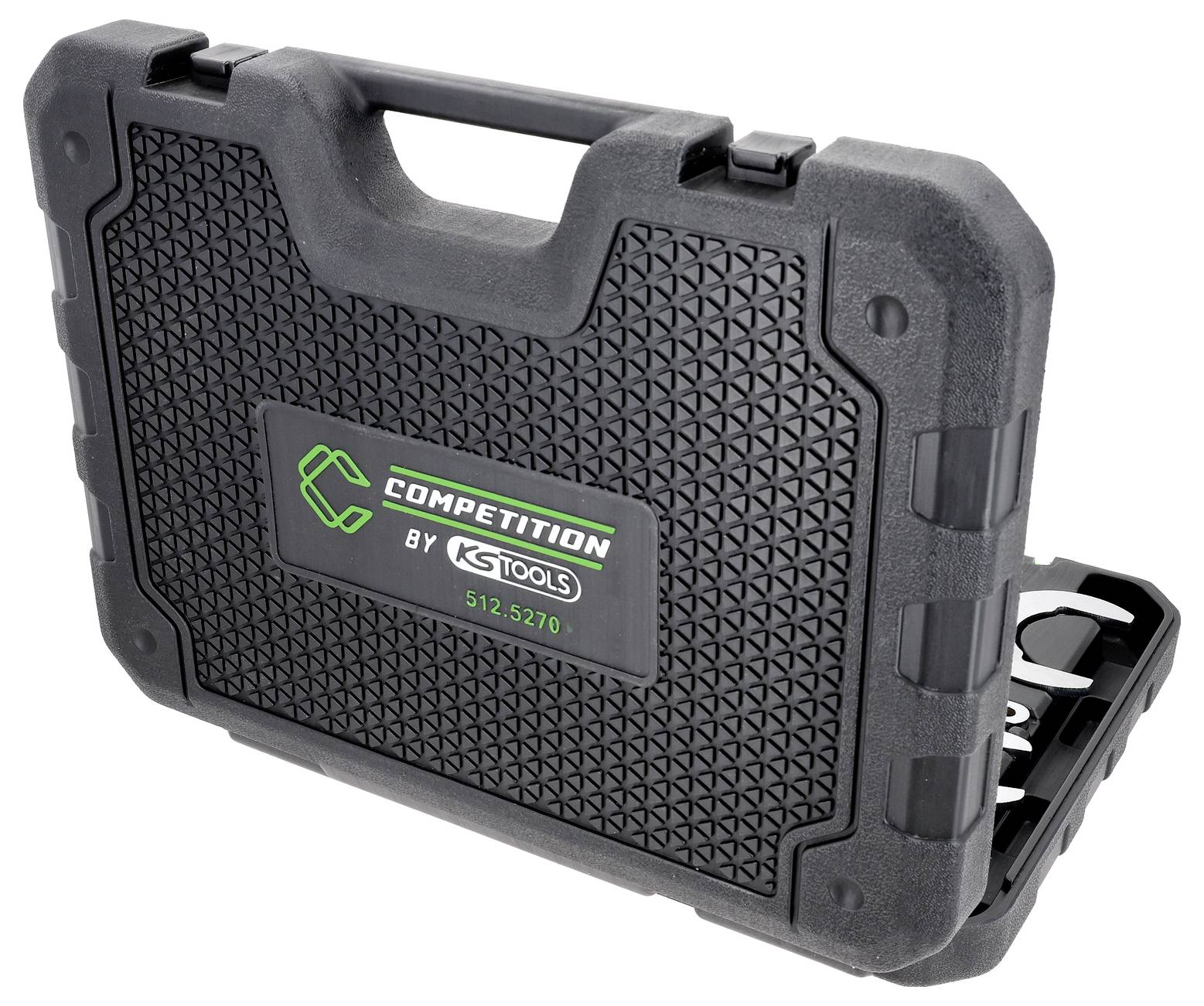 Custodia per attrezzi in plastica stampata Black K-Tools 'Competition' con fronte strutturato e maniglia integrata, mostrata chiusa su sfondo bianco.