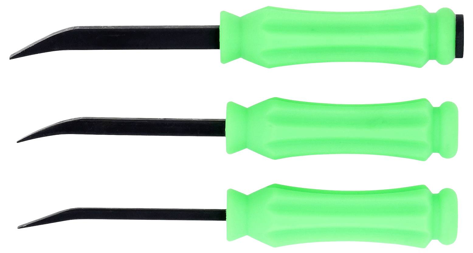 Tre attrezzi per leve di colore nero con maniglie verde brillante, mostrati impilati orizzontalmente su uno sfondo bianco.