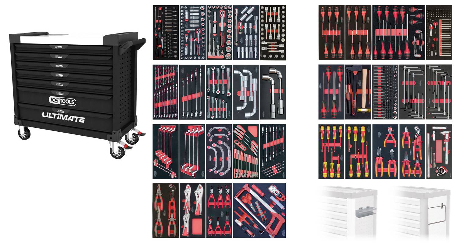 Cabinet degli strumenti Rolling KRA TOOLS 'ULTIMATE' con molteplici layout organizzati di set di attrezzi mostrati nei cassetti, più viste del piccolo cabinet bianco di seguito.
