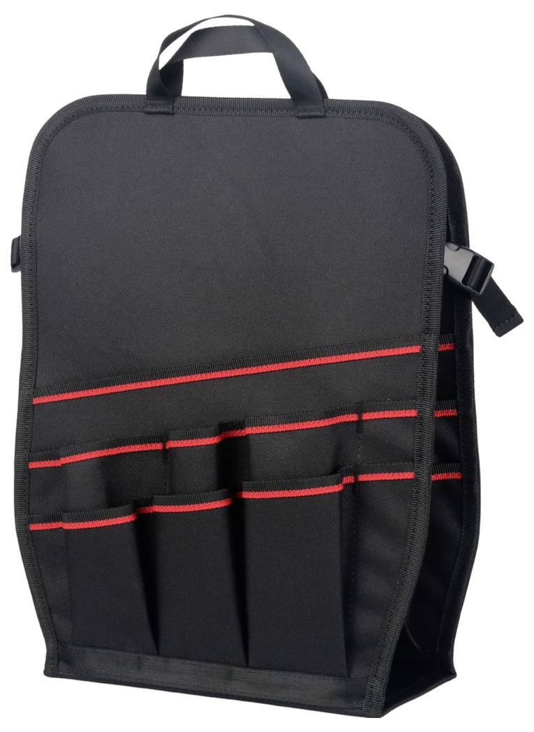 Borsa organizer nera per attrezzi con manico superiore, cinghia laterale e più tasche frontali evidenziate da bordo rosso.