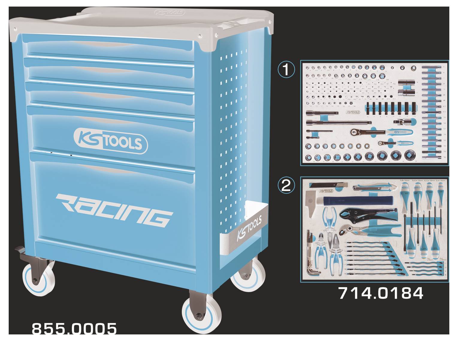 Armadio portautensili Blue KSTools Racing su ruote con due immagini in riquadro che mostrano i layout del set di utensili 714.0184 e gli utensili inclusi.